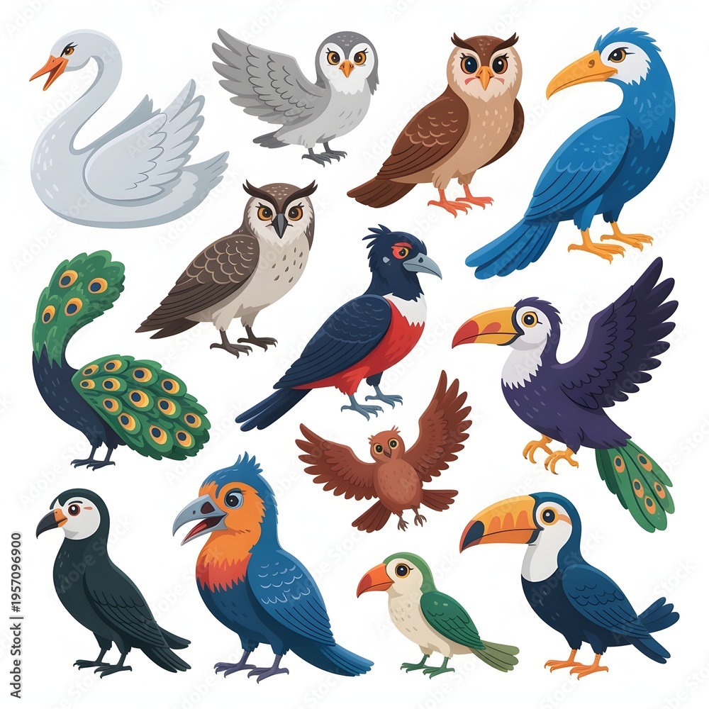 Fototapeta premium Collection of Various Bird Species Icons Vector Cartoon Illustration