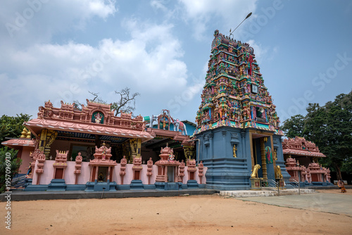 The exterior and gopuram of Thellippalai Sri Durga Devi Temple located in Jaffna, Sri Lanka. It is dedicated to Hindu goddess Durga.