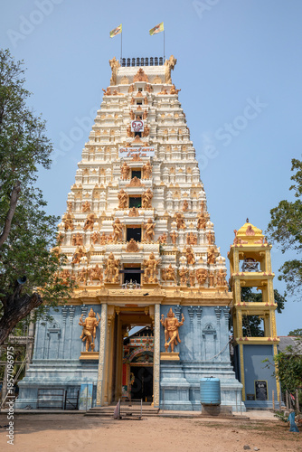 The gopuram of Naguleswaram Temple at Keerimalai in the Jaffna region of Sri Lanka. It is dedicated to Lord Shiva.