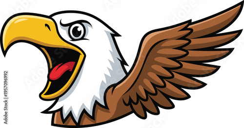 Cartoon eagle mascot head with open beak and spread wing vector illustration symbolizing strength freedom wildlife bird character for logo branding design use