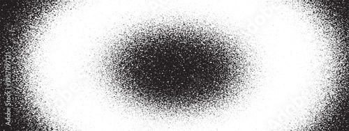 Black and white abstract textured background, granular diffusion pattern with central dark spot, artistic grunge design
