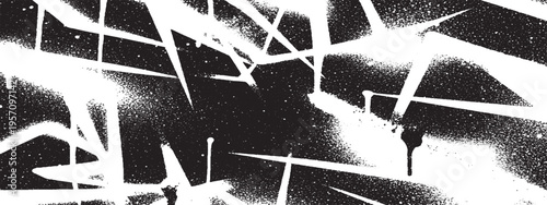 Fotografi Abstract chaotic white paint streaks and splatters on black, energetic urban art