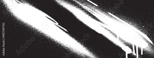 White spray paint streaks and drips on black background, graffiti style with textured splatter and grunge effect, urban art