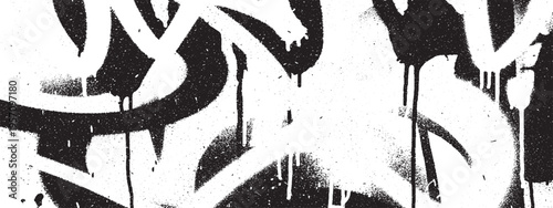 White graffiti spray paint strokes with drips and splatter on textured black background, urban grunge art