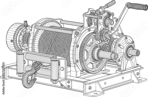 Technical line art illustration of a heavy duty industrial winch with mechanical gears and metal cable.
