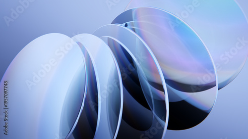 Precise iridescent discs glass plates on a dark blue background