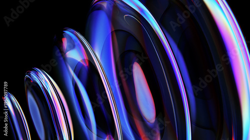 Abstract iridescent glass rings rippling with light dispersion and reflection on a black background