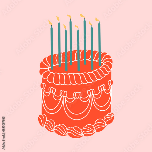 Poster with birthday cake decorated with candles. Ideal for greeting cards, invitations, party supplies, social media posts, printable crafts etc. Cute vector illustration