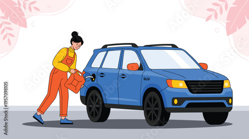 Young woman in orange overalls refilling blue SUV with fuel from a portable canister outdoors illustration.