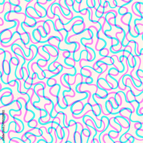 Continuous organic line seamless vector maze pattern. Endless groovy spring summer background. Layered risograph print effect. Doodle uneven hand drawn curved wavy line fluid winding twisted stripe.