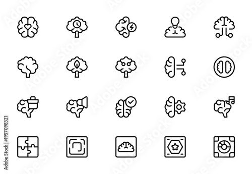 Brain Game and Puzzle Line Icon Set for Strategy, Mental Challenge, Logic Training and Cognitive Skills Development Outline Vector Collection