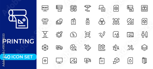 Printing and Promotional Materials Line Icon Set for Brochure, Business Card, Flyer, Poster, Banner, Packaging and Print Shop Products Outline Vector Collection