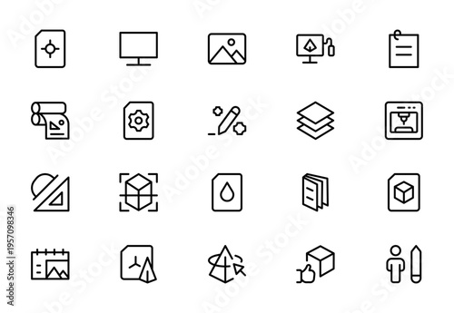Printing and Promotional Materials Line Icon Set for Brochure, Business Card, Flyer, Poster, Banner, Packaging and Print Shop Products Outline Vector Collection