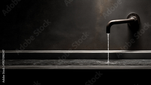 A minimalist dark architectural faucet mounted on a textured wall, with a steady stream of water flowing into a stone basin, creating ripples.