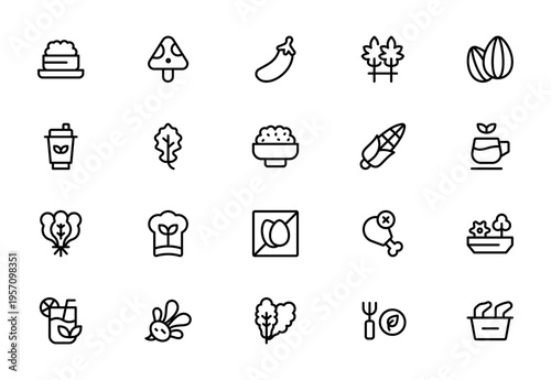 Meat and Vegetarian Food Line Icon Set for Healthy Diet, Cooking, Nutrition, Organic Ingredients and Restaurant Menu Outline Vector Collection