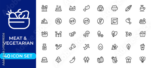 Meat and Vegetarian Food Line Icon Set for Healthy Diet, Cooking, Nutrition, Organic Ingredients and Restaurant Menu Outline Vector Collection