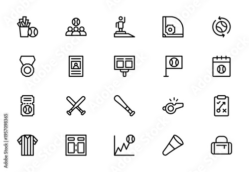 Baseball and Sports Club Line Icon Set for Team Games, Baseball Equipment, Training, Tournament, Stadium and Recreation Outline Vector Collection
