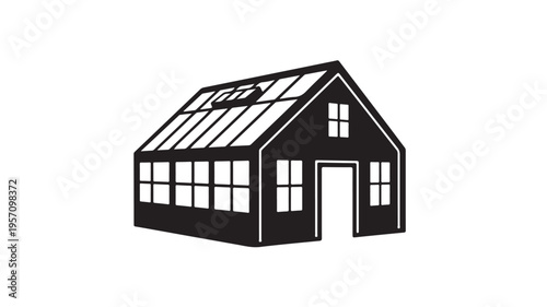 Modern black house with solar panels flat design vector illustration