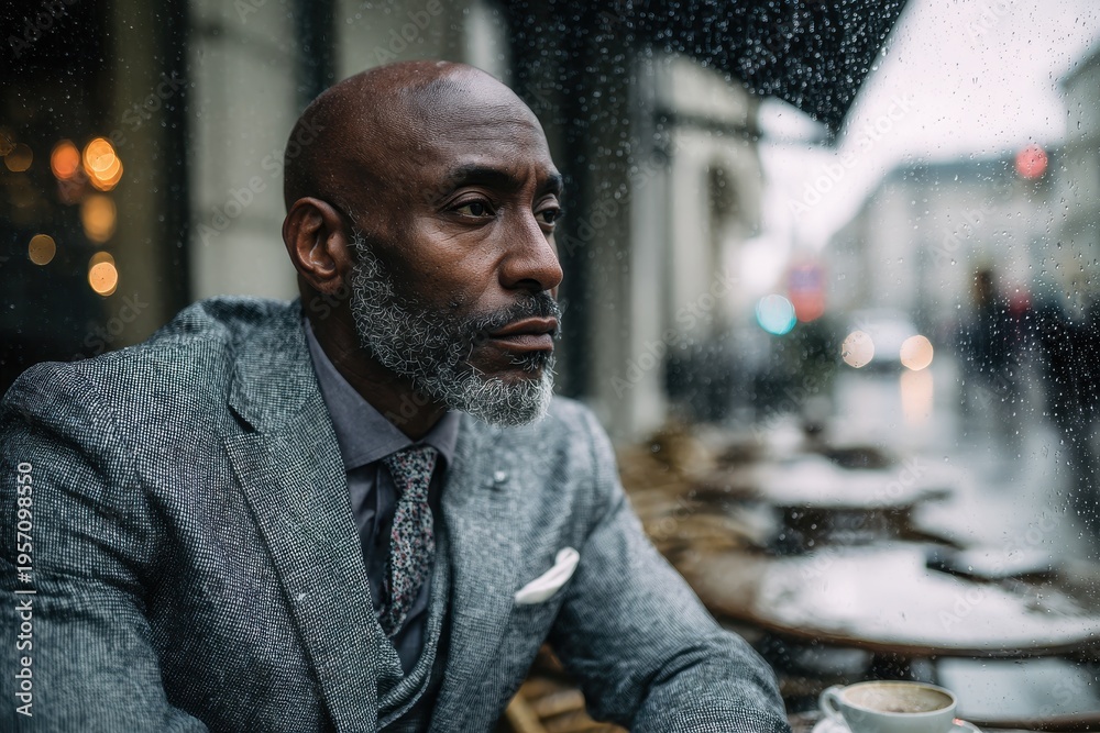 Fototapeta premium Elegant outdoor cafe mood: stylish Black entrepreneur, bald head, grey suit, rain and reflective pavement