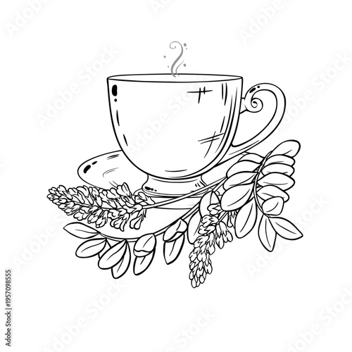 Cup of Licorice Tea aroma beverage Outline Illustration. Vector isolated for Design and Decoration for Cafeteria, Posters, Banners, Cards.
