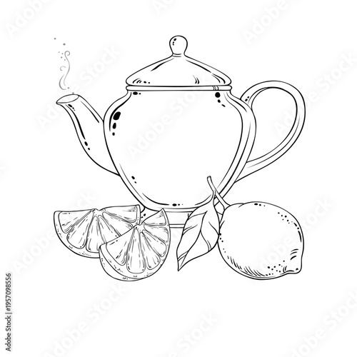 Lemon Tea in Teapot aroma beverage Outline Illustration. Vector isolated for Design and Decoration for Cafeteria, Posters, Banners, Cards.