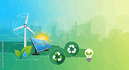 Vector eco friendly icons set with solar panel, wind turbine and recycling symbols