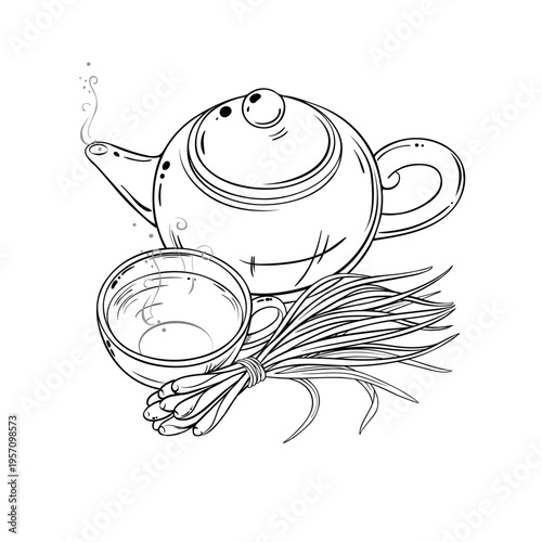 Lemongrass Tea in Teapot aroma beverage Outline Illustration. Vector isolated for Design and Decoration for Cafeteria, Posters, Banners, Cards.
