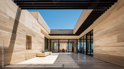 Wide-angle view of a minimalist architectural courtyard with layered stone walls, large glass windows, and clean, modern lines under a clear sky.