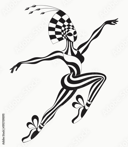 Elegant Ballerina Vector Illustration, Stylized Dancer in Striped Costume and Checkered Mask for Theater, Arts, and Luxury Event Branding