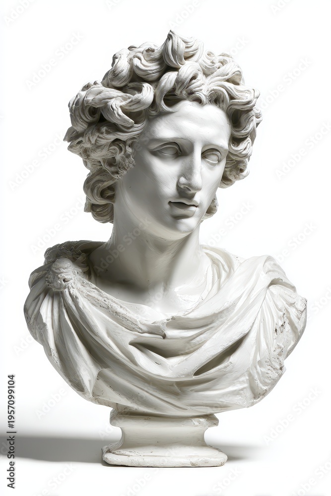Obraz premium Finished plaster bust reproduction of a classical Greek sun deity with poetic heritage, isolated on white