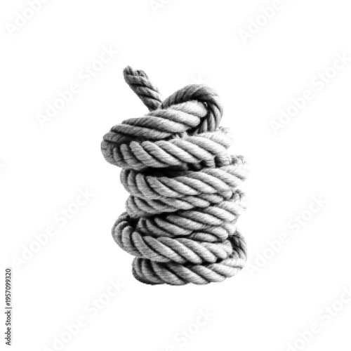 Monochrome halftone illustration of coiled rope with knot, nautical and binding concept, minimal textured design isolated on white background.