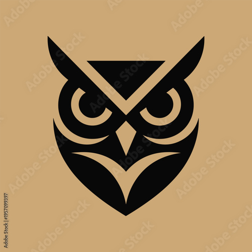 Black and gold stylized owl head logo on muted gold background