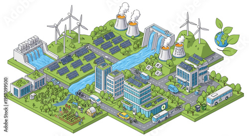 Vector illustration of eco-friendly industrial complex with solar panels and wind turbines