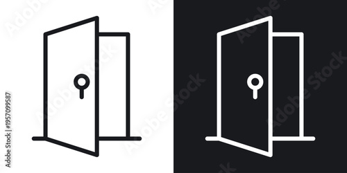 Open door icon set in black and white stroke lines