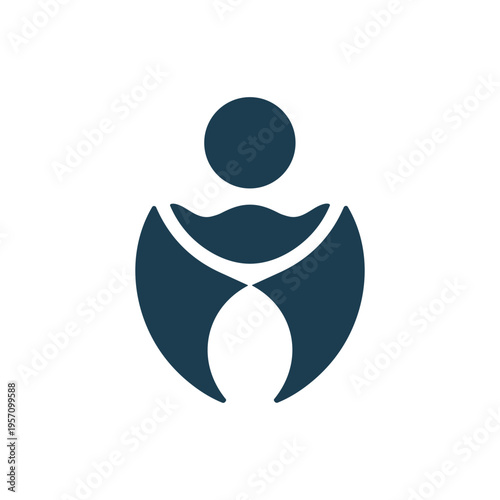 A dark blue humanoid figure with curved shapes