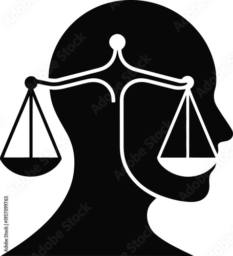 Minimalist silhouette of a human head featuring a balance scale legal 