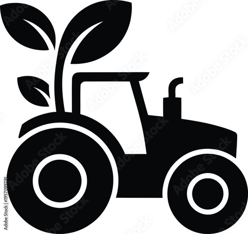 Black tractor silhouette with growing plant leaves representing sustai