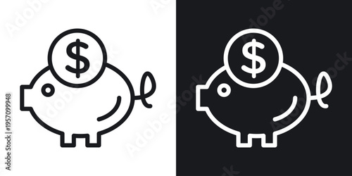 Piggy bank icon set in black and white stroke lines