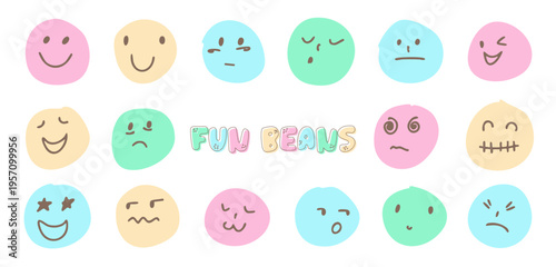 Cute Kawaii Emotion Faces Set, Pastel Funny Emoji Characters with Happy, Sad, Angry, Dizzy, Sleepy, Winking and Surprised Expressions. Playful Mood Icon Collection for Stickers, Kids Design, Posters 