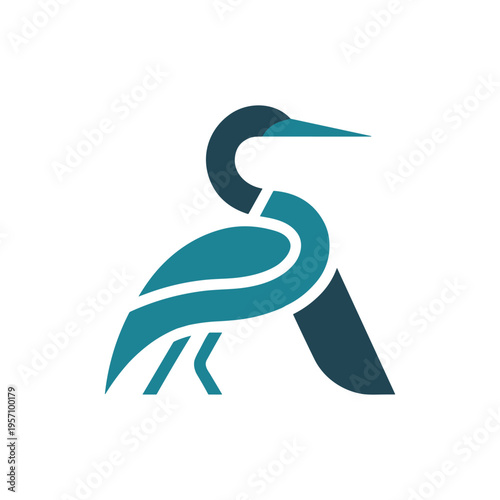 Stylized heron logo with teal and dark blue hues