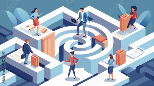 Business people navigating complex maze symbolizing red tape bureaucracy and corporate obstacles isometric illustration