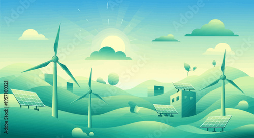 Vector illustration of renewable energy landscape with wind turbines and solar panels