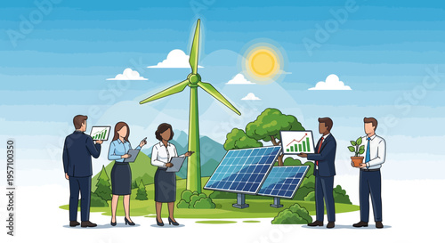 Vector illustration of business people with renewable energy sources