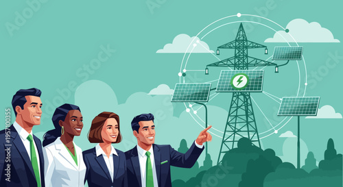Vector illustration of diverse business people near solar power tower