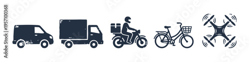 Van, Truck and Motorcycle Monochrome Icon Set. High quality stock illustration with clear subject focus, cohesive composition, and versatile commercial applicability across branding, editorial.