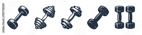 Dumbbell, Variations and Different Monochrome Icon Set. High quality stock illustration with clear subject focus, cohesive composition, and versatile commercial applicability across branding.