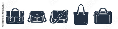 Bag, Briefcase and Satchel Monochrome Icon Set. High quality stock illustration with clear subject focus, cohesive composition, and versatile commercial applicability across branding, editorial.
