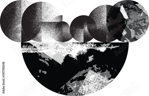 Textured black half circles composition .Graffiti art design . Noise textured semi circles . Spray effect .Grunge texture .Art design forms.Distressed element .Rough roller paint semicircles .Vector 