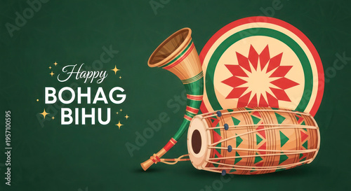 Colorful illustration of traditional Assamese musical instruments with decorative patterns celebrating Bohag Bihu festival on a green background