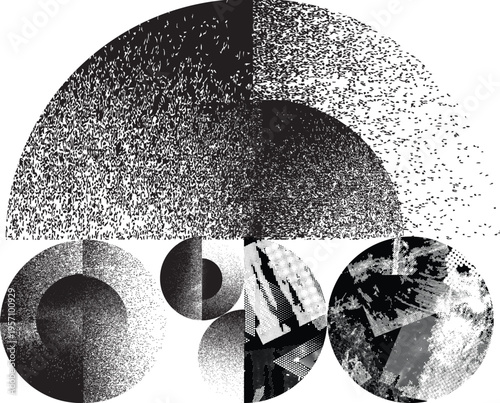 Textured black half circles composition .Graffiti art design . Noise textured semi circles . Spray effect .Grunge texture .Art design forms.Distressed element .Rough roller paint semicircles .Vector 